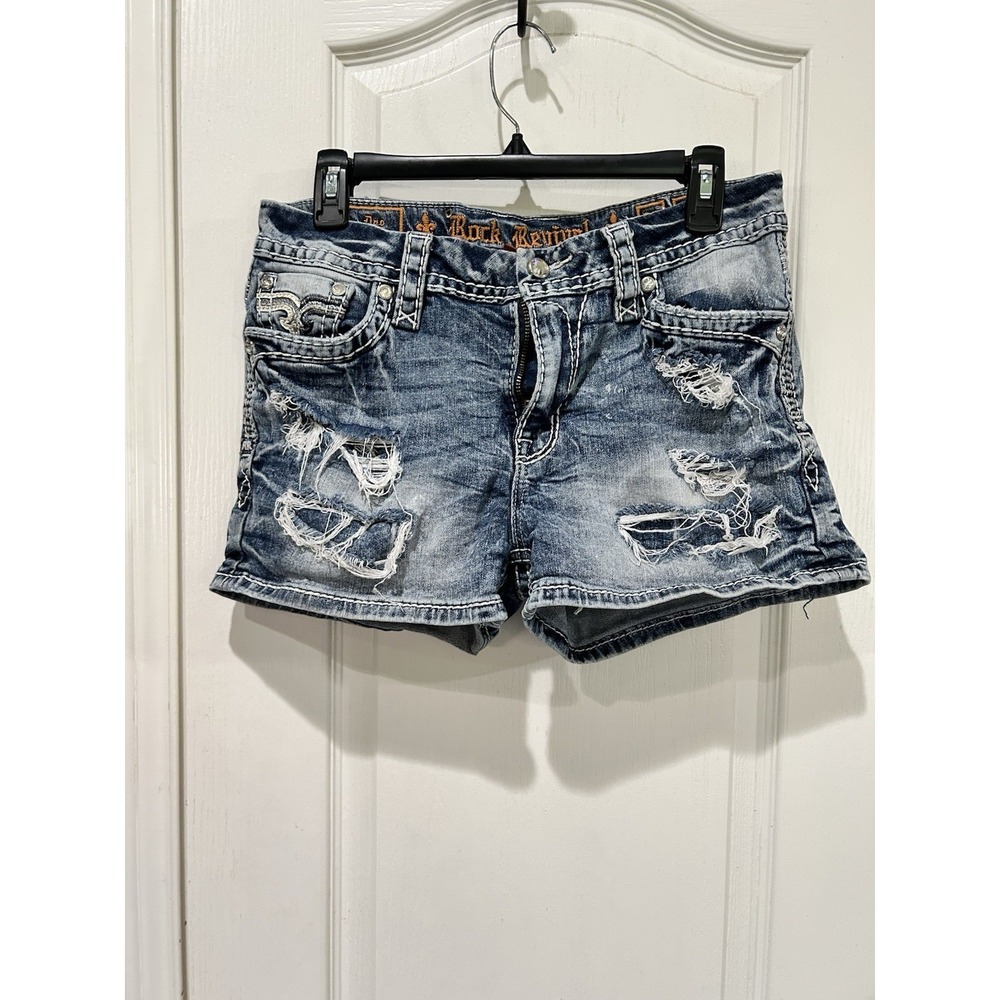 Rock Revival Dao Mid-Rise Stretch Denim Shorts Distressed Sz 29 Rhinestone